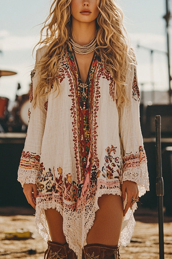 Unique Printed Ethnic-style V-neck Long-sleeved Loose Mini Dress-consonak