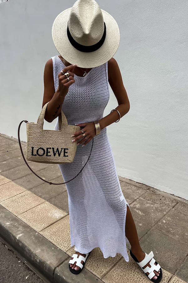 Solid Color Knitted Cutout Slit Slim Fit Maxi Dress-consonak