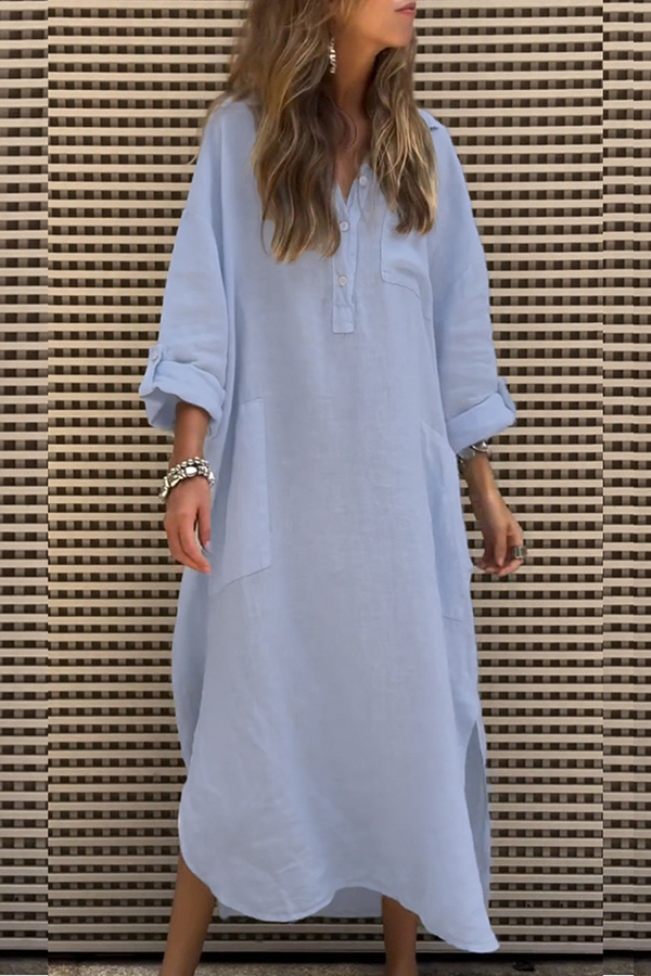 Solid Color Casual Button Pockets Irregular Hem Maxi Dress-consonak