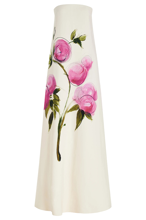 Garden Wedding Painted Roses Print Strapless A-line Maxi Dress-consonak