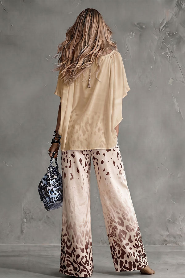 Safari Glam Draped Blouse & Ombre Leopard Wide-Leg Trousers Set-Consonak