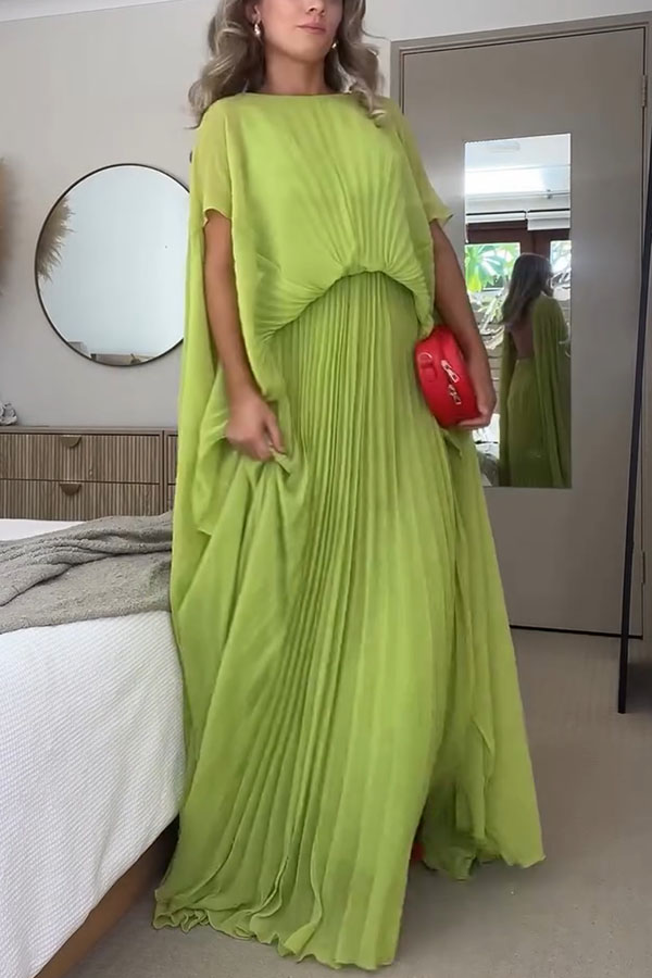 Spring Whispers Chiffon Pleated Wide Sleeve Volume Maxi Dress-consonak