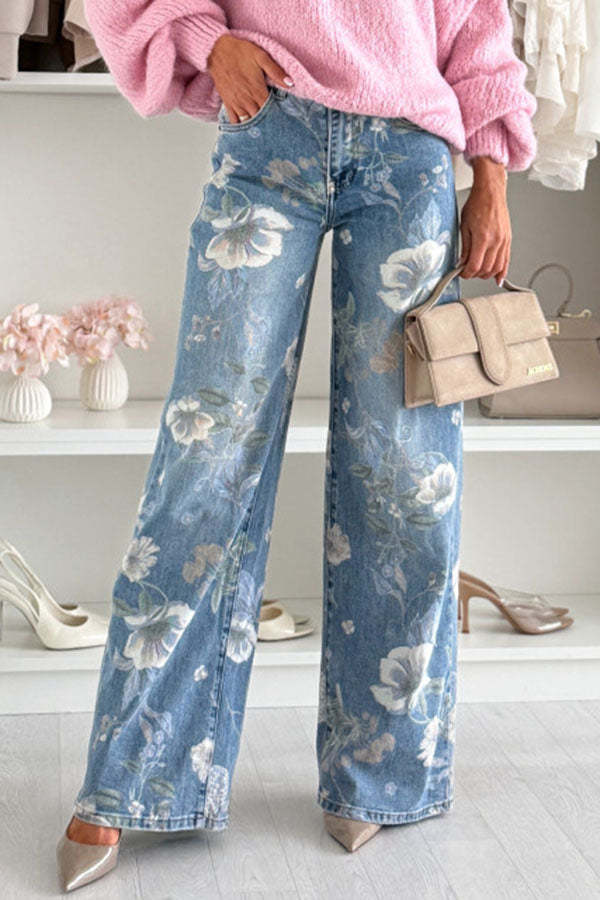 Uptown Bloom Denim Floral Print High Rise Pocket Straight Leg Jeans