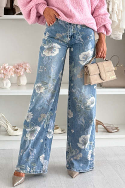 Uptown Bloom Denim Floral Print High Rise Pocket Straight Leg Jeans