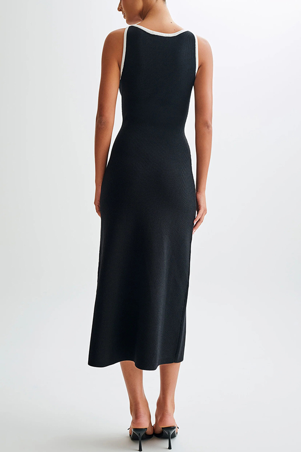 Elegant Slim Fit Crew Neck Buttoned Sleeveless Knit Midi Dress-consonak