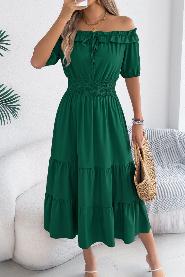 Stylish Off-shoulder Short-sleeved Pleated Waist Casual Midi Dress-consonak