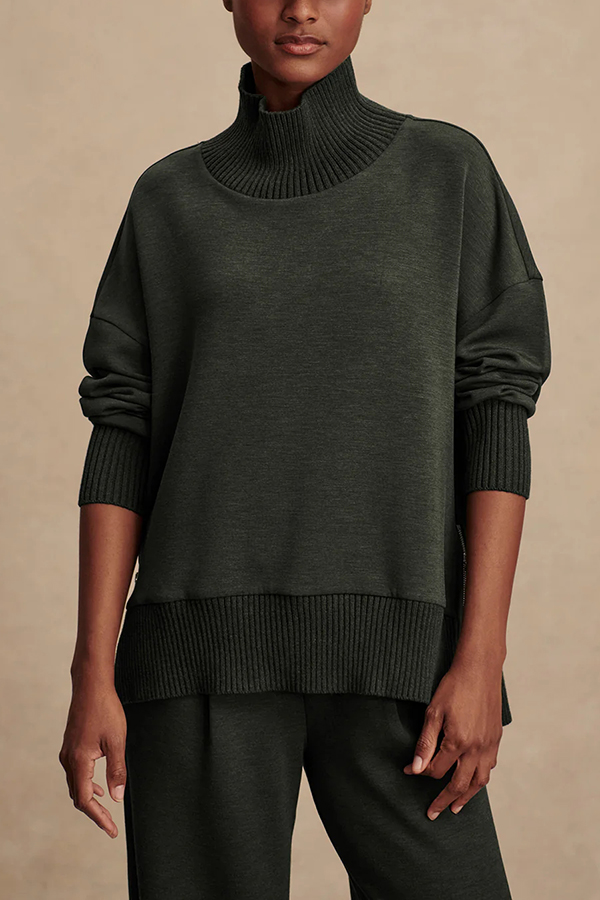 Barker High-Neck Long Sleeve Side Zipper Sweatshirt and Elastic Waist Pocketed Loose Pants Set-consonak