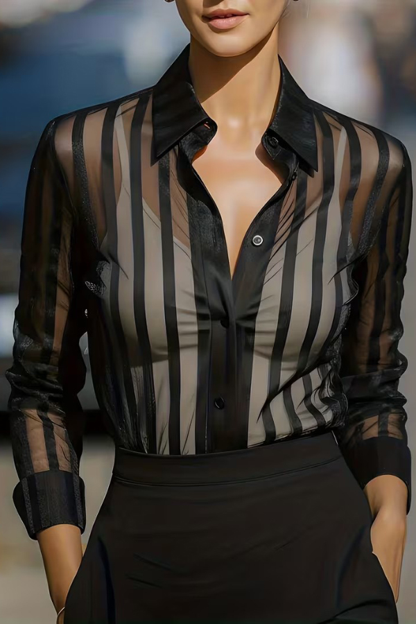 Stylish Sheer Striped Collared Long-sleeved Loose Casual Shirt | Consonak