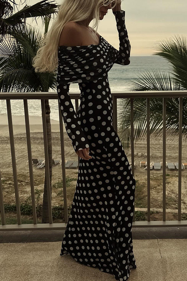 Chic Statement Polka Dot Print Off Shoulder Ruched Stretch Maxi Dress | Consonak