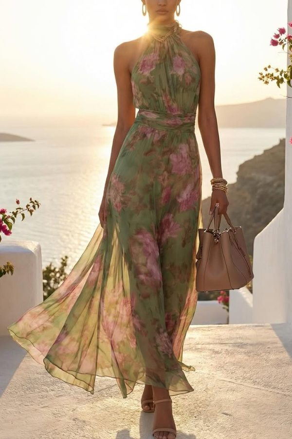 Floral Print Halter Neck Sleeveless Fitted Waist Casual Vacation Maxi Dress