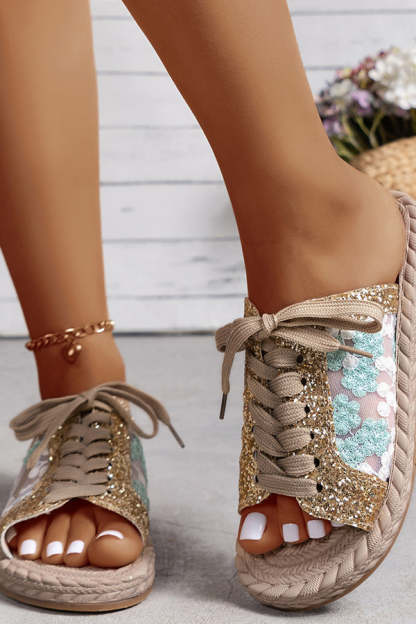 Sequined Mesh Embroidered Casual Strappy Flat Slippers-consonak