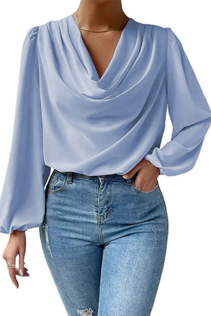 Simple and Beautiful Satin Cowl Drape Neck Long Sleeved Shirt-consonak