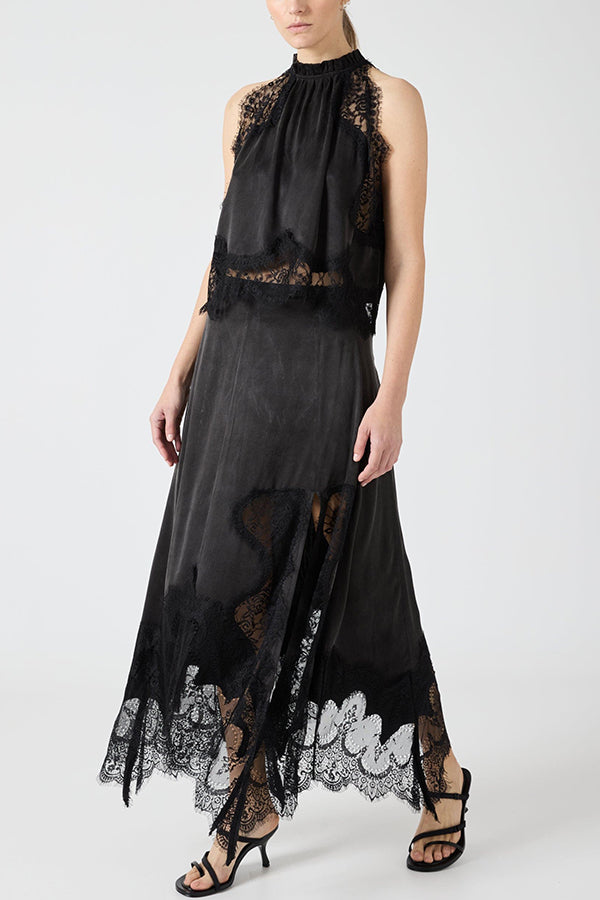 Modern Muse Satin Lace Trim Pleated Neck Top and A-line Irregular Slit Skirt Set | Consonak