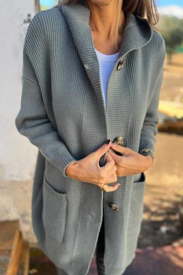 Solid Color Hooded Pocket Mid-length Knitted Cardigan-consonak