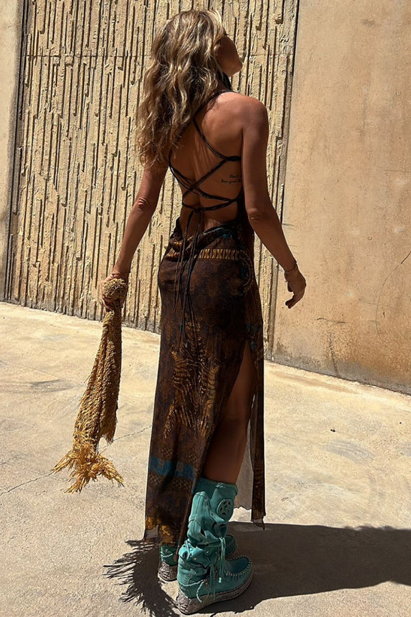 Gypsy Style Unique Print Cowl Neck Back Lace-up Slit Midi Dress-consonak