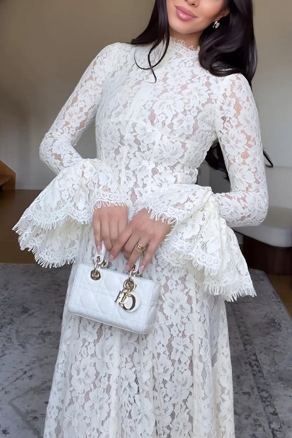 Nasrin Floral Lace Mock Neck Long Bell Sleeve Pleated Hem Maxi Dress