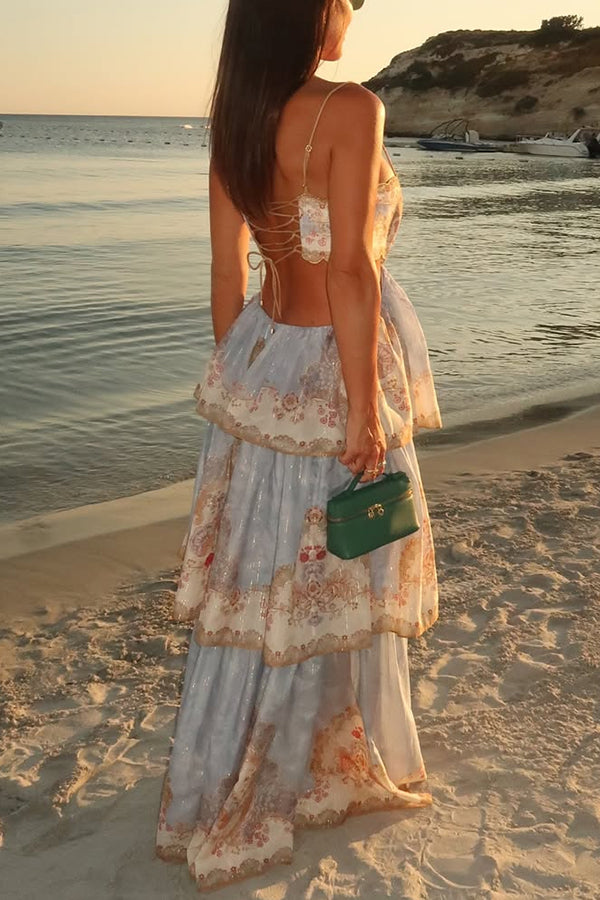 Daylight Unique Print Cutout Waist Back Lace-up Tiered Hem Maxi Dress | Consonak