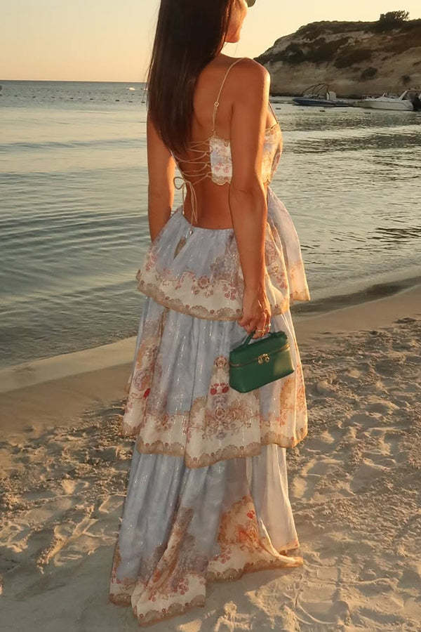 Daylight Unique Print Cutout Waist Back Lace-up Tiered Hem Maxi Dress