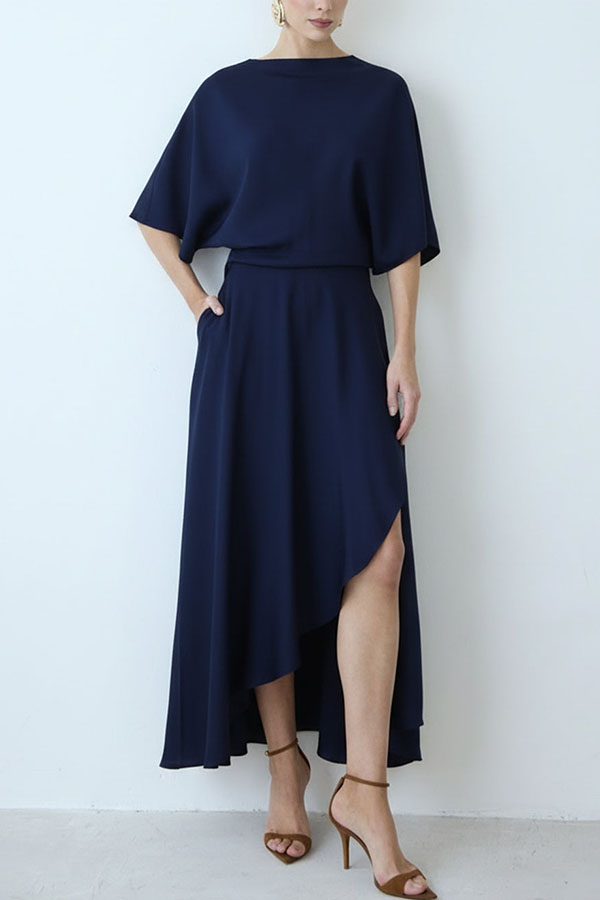 Modern and Elegant Satin Half Wide Sleeve Wrap Style Pocket Slit Loose Maxi Dress-consonak