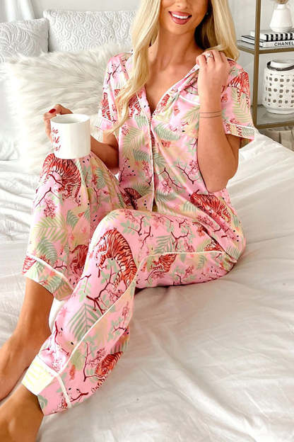 Sleeping Tiger Satin Elastic Waist Pocketed Pajama Pants Set-consonak