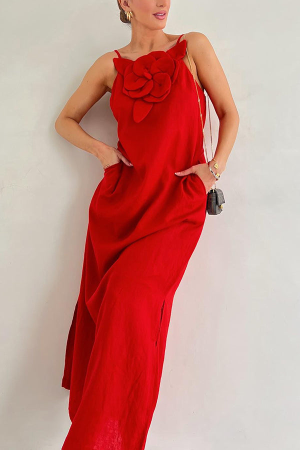 Vacay Ready Linen Blend Floral Embellishment Pocketed Slit Maxi Dress | Consonak