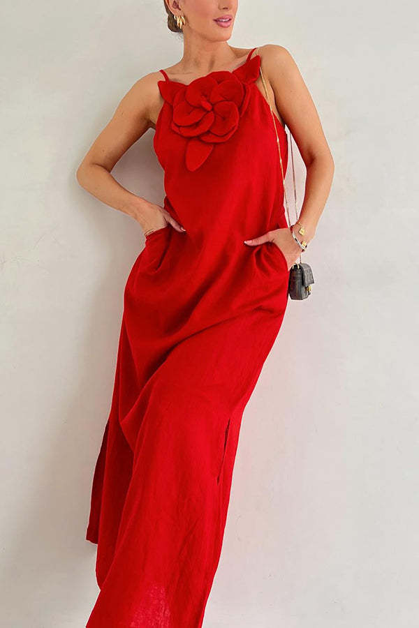 Vacay Ready Linen Blend Floral Embellishment Pocketed Slit Maxi Dress-consonak