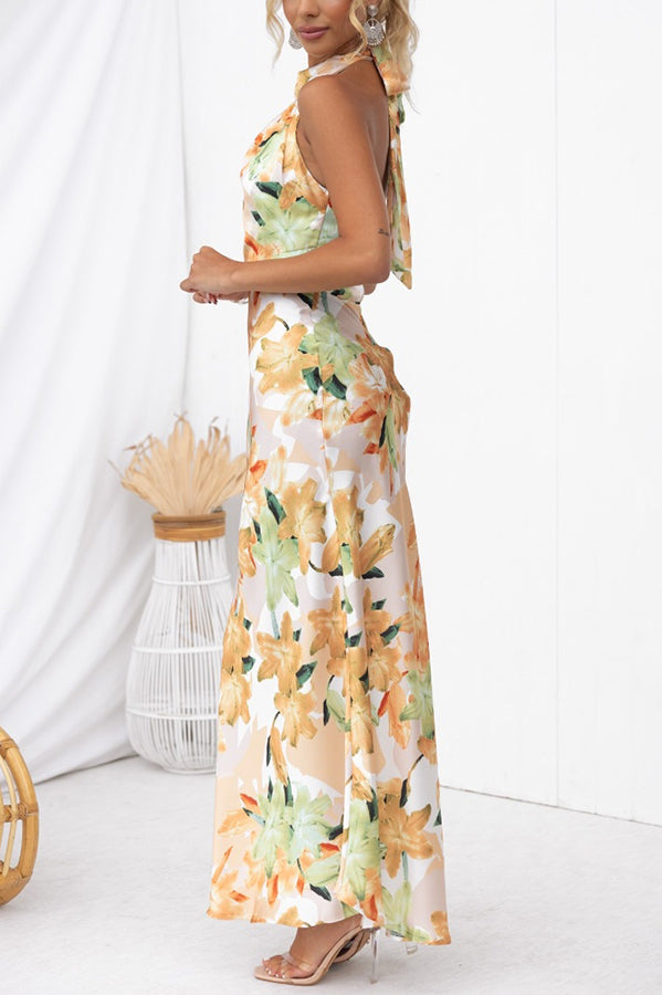 Happier Now Satin Floral Halter Maxi Dress | Consonak
