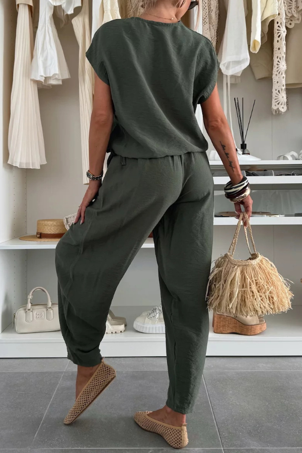 Linen Blend Solid Color V-neck Short-sleeved Top and Elastic Waist Pocket Bloomers Pants Set