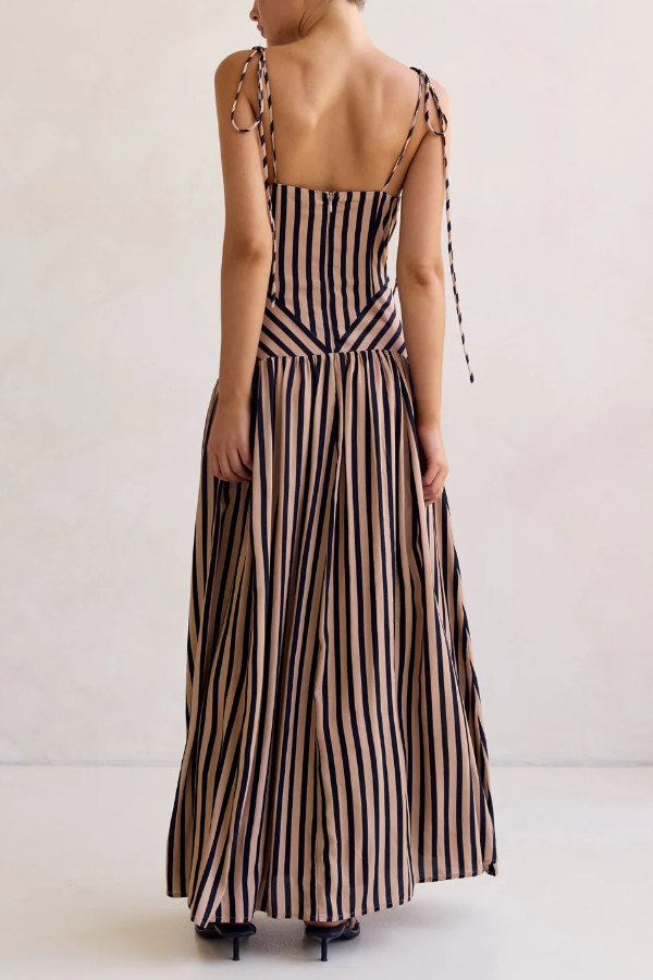 Striped Print Tie Backless Sleeveless V-Neck Elegant Maxi Dress