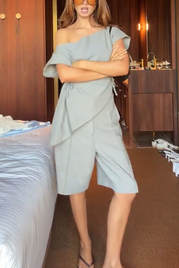 Modern Stylish Off Shoulder Side Lace-up Top and Mid Rise Pocket Bermuda Shorts Set-consonak