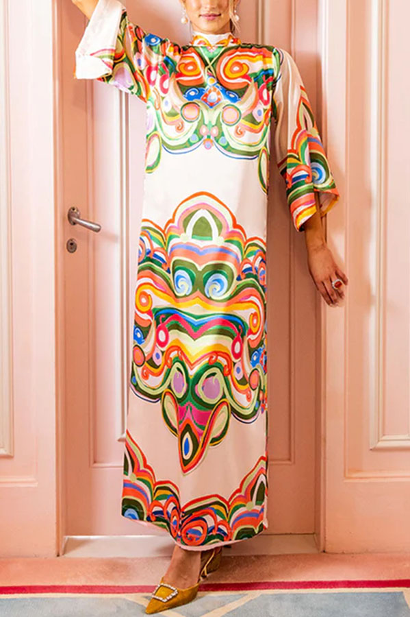 Venice Satin Colorful Baroque Style Print High Neck Tie-up Half Bell Sleeve Maxi Dress-consonak