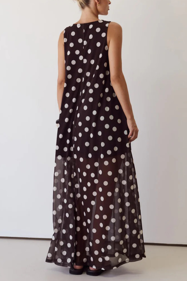 Polka Dot Print Loose Round Neck Sleeveless Mesh Casual Maxi Dress | Consonak