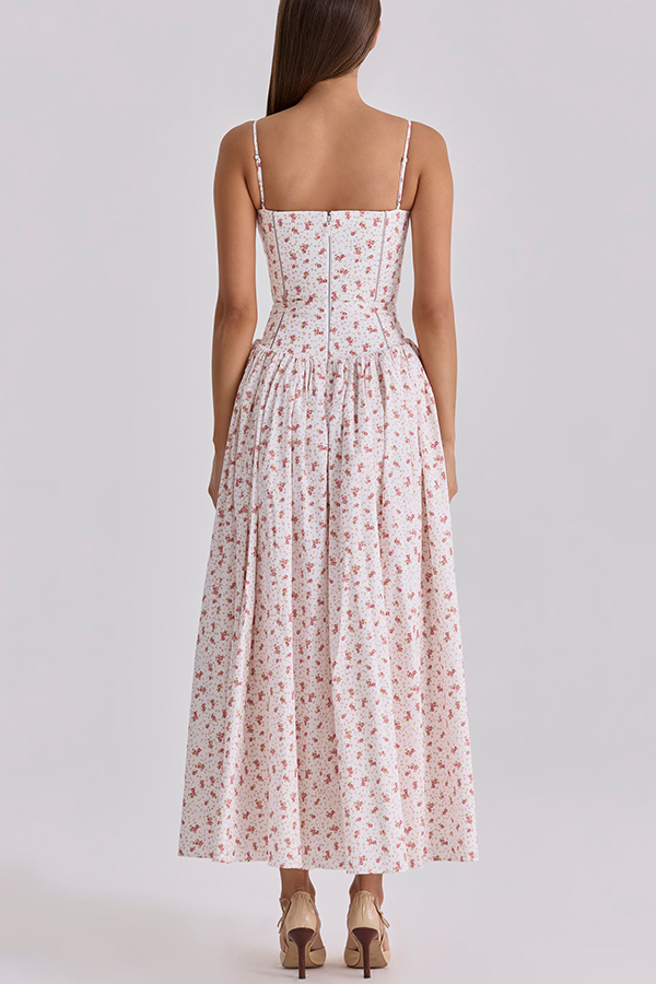Romantic Countryside Stretch Cotton Blend Floral Print Cutout Trim Slip Midi Dress-consonak