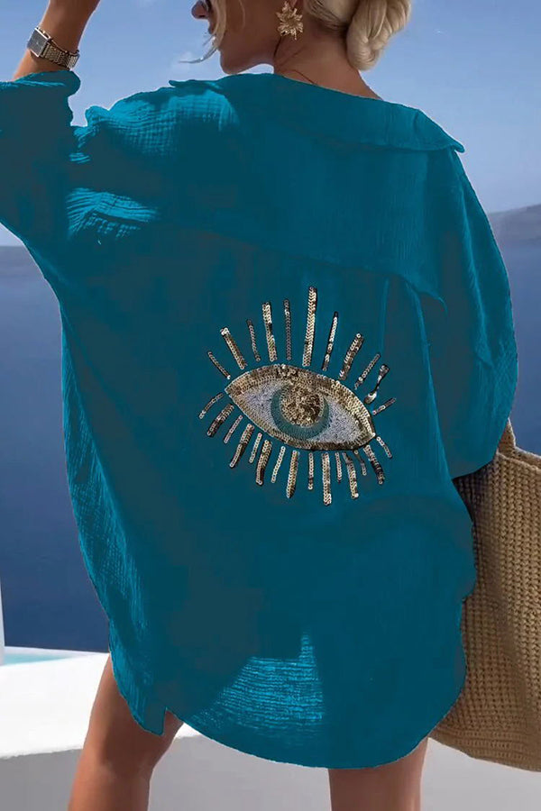 Summer Breeze Linen Blend Sequin Magic Eye Desig Oversized Relax Shirt | Consonak