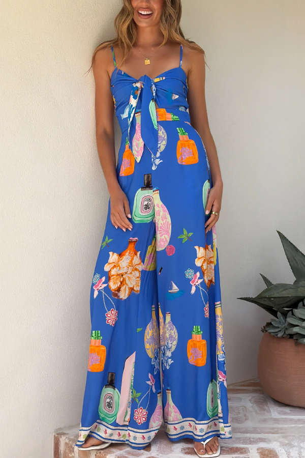 Perfume Bottle Print Strappy Fitted Waist Casual Pocket Wide-Leg Jumpsuit