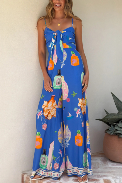 Perfume Bottle Print Strappy Fitted Waist Casual Pocket Wide-Leg Jumpsuit