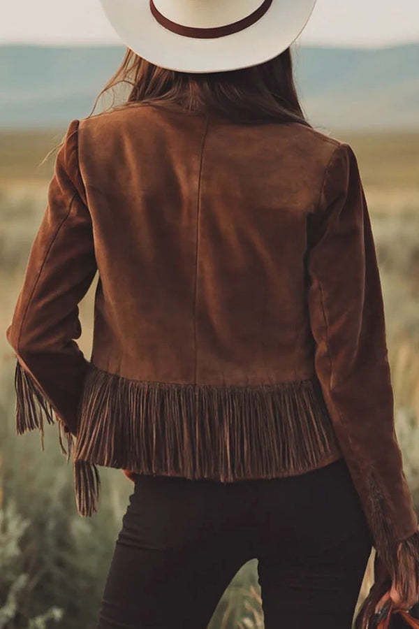 Retro-style Lapel Long-sleeved Tassel Casual Suede Short Jacket-consonak