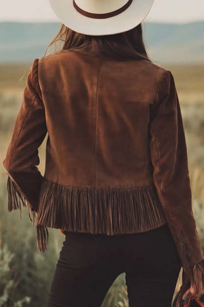 Retro-style Lapel Long-sleeved Tassel Casual Suede Short Jacket-consonak