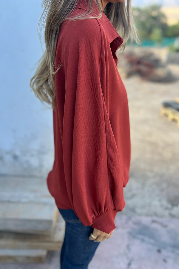 Solid Color Loose Batwing Sleeve Buttoned Casual Shirt-consonak