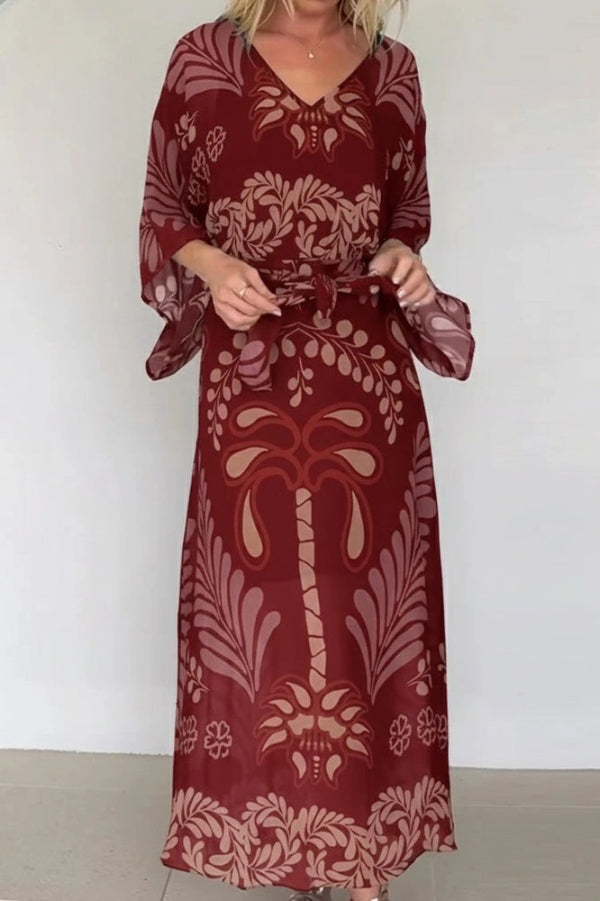 Bohemian Style Unique Printed Chiffon Loose-fitting Belted Maxi Dress