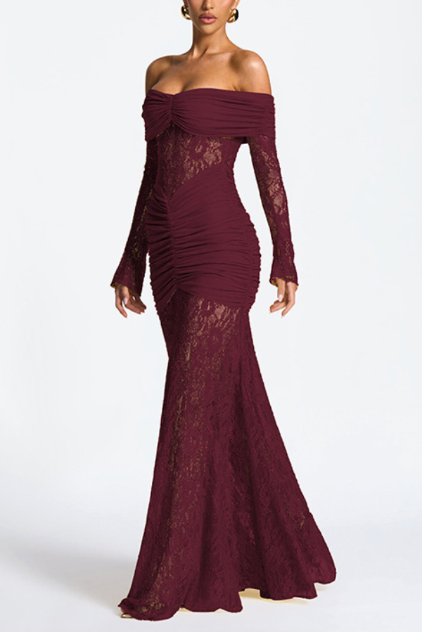 Solid Color Patchwork Lace Off-shoulder Long-sleeved Pleated Slim-fit Maxi Dress | Consonak