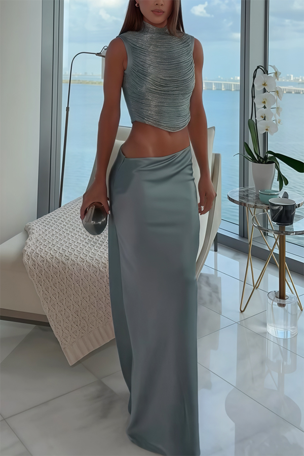 Keep Polished Satin High Rise Bias Cut Drape Maxi Skirt