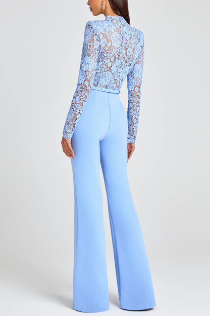 Party Charmer Flower Lace Patchwork Long Sleeve Bow Belted Flare Jumpsuit-consonak