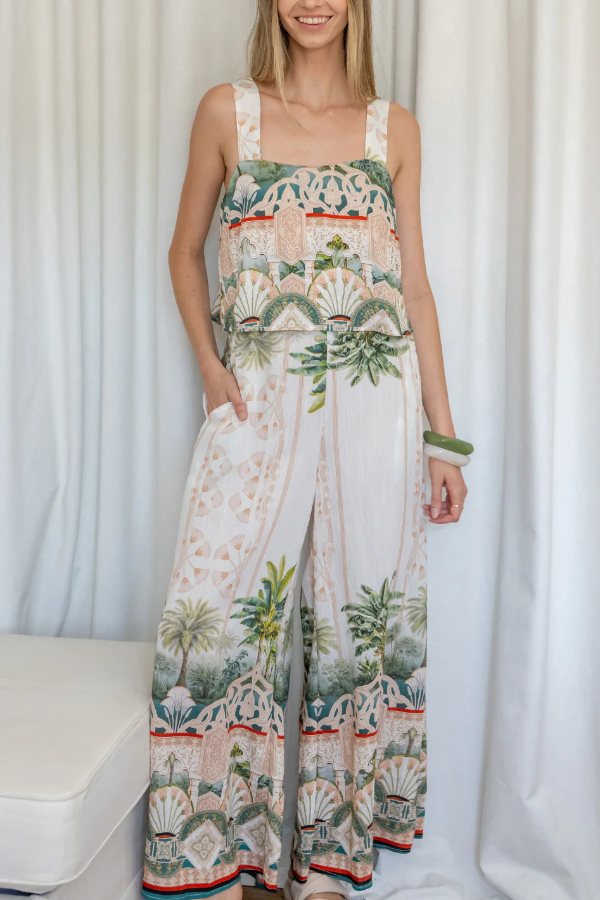 Unique Printed Casual Elastic Waist Pockets Loose Wide-leg Pants-consonak