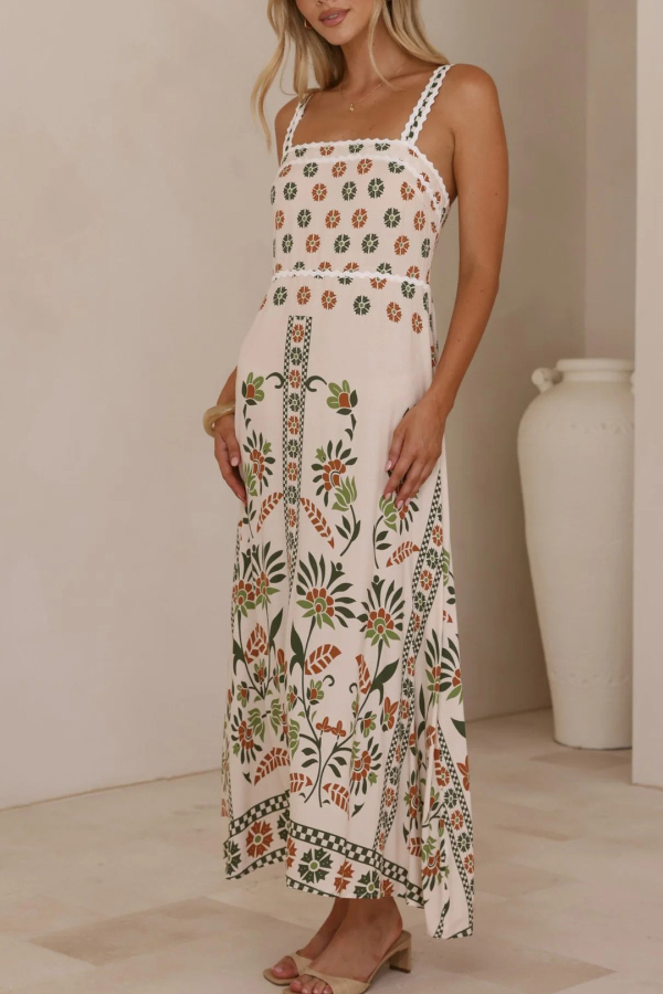 Floral Print Sleeveless Square Neck Casual Vacation Maxi Dress-consonak