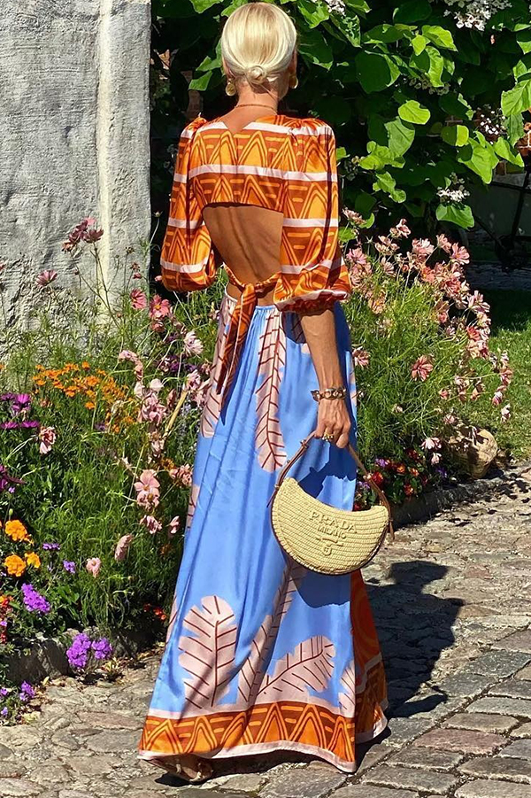 Boho Style Unique Printed Sexy Backless Strappy Maxi Dress-consonak