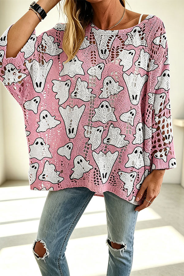 Halloween Pumpkin & Bat Hollow Out Knit Oversized Sweater-Consonak
