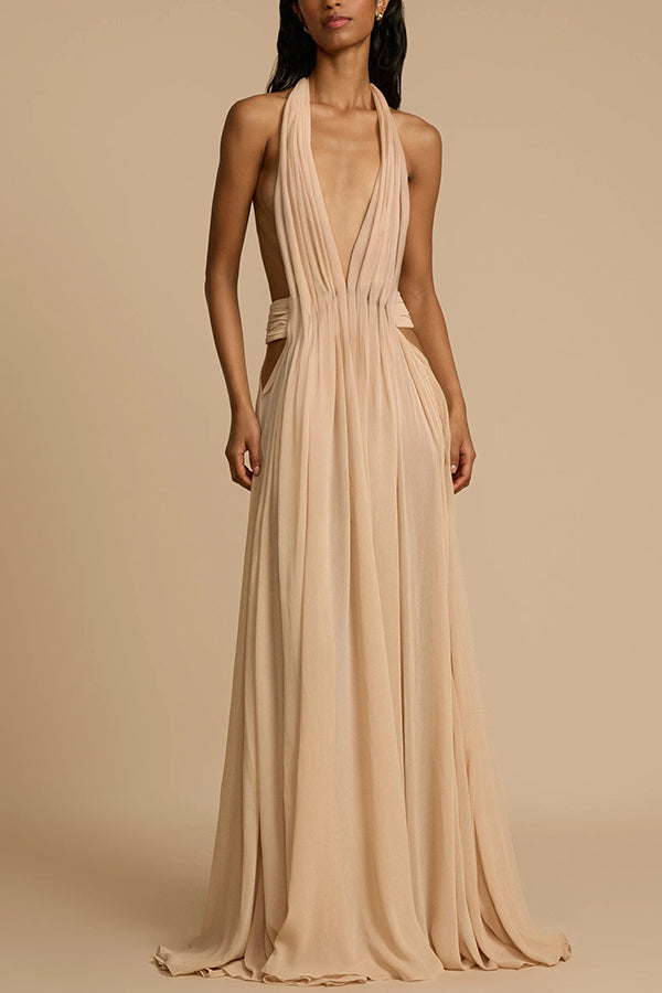 Ethereal Moment Tulle Cutout Ruched Waist Backless Halter Maxi Dress-consonak