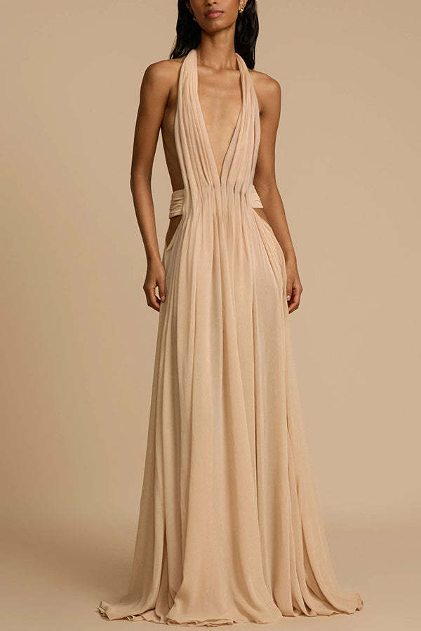 Ethereal Moment Tulle Cutout Ruched Waist Backless Halter Maxi Dress-consonak