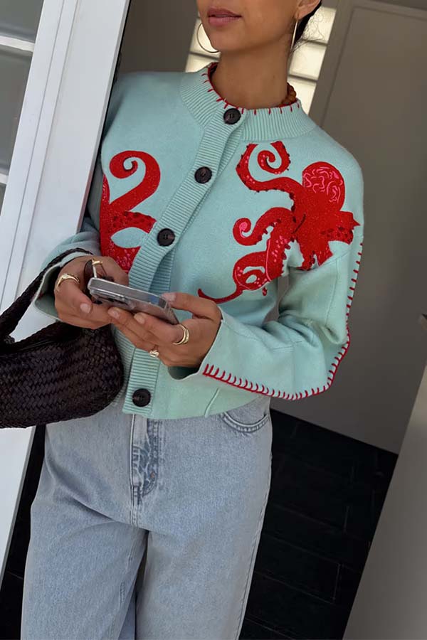 Coastal Fashion Knit Octopus Graphic Contrast Piping Button Up Loose Cardigan | Consonak